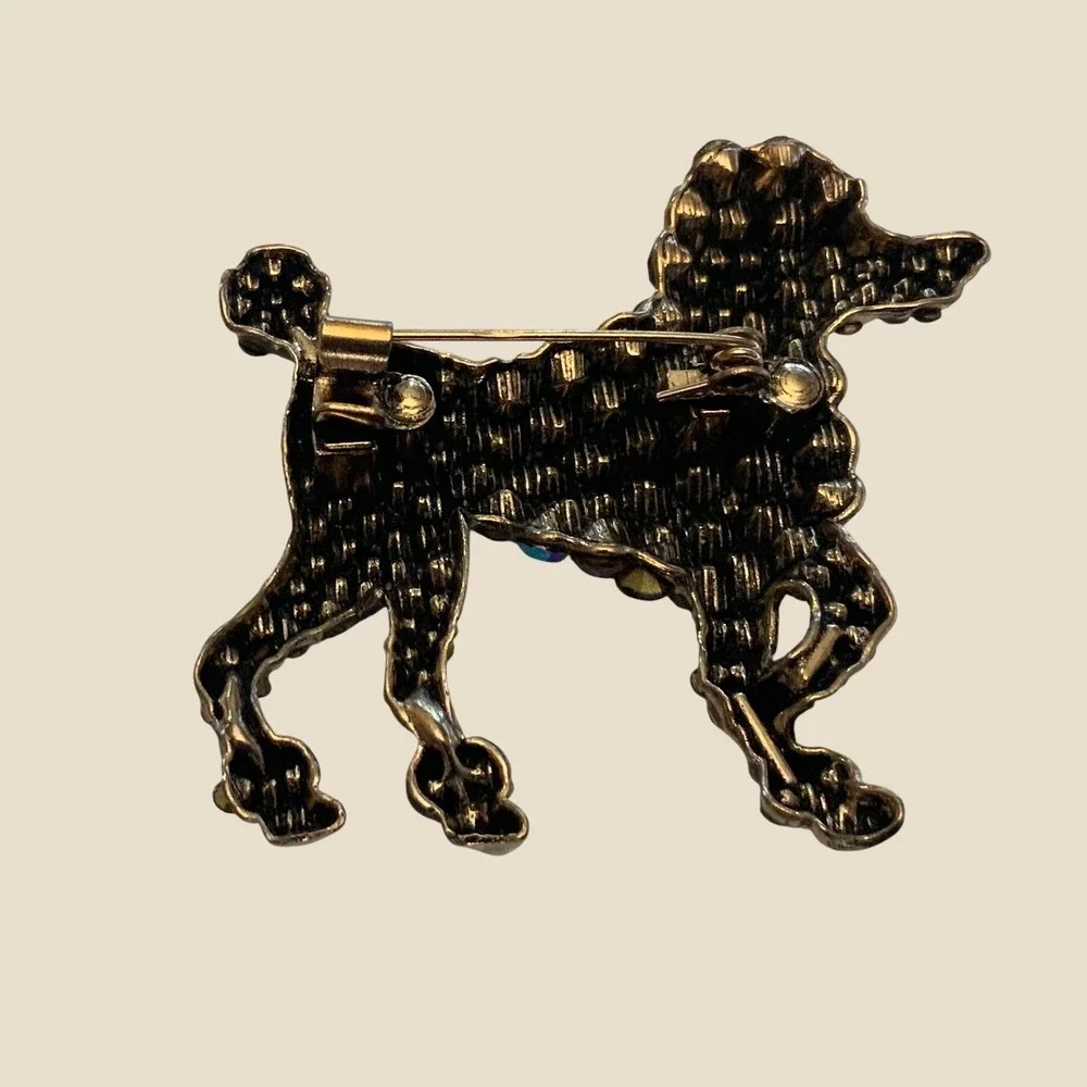 Vintage Style Poodle Brooch Rhinestone AB Crystal Dog Pin Gold Tone Metal